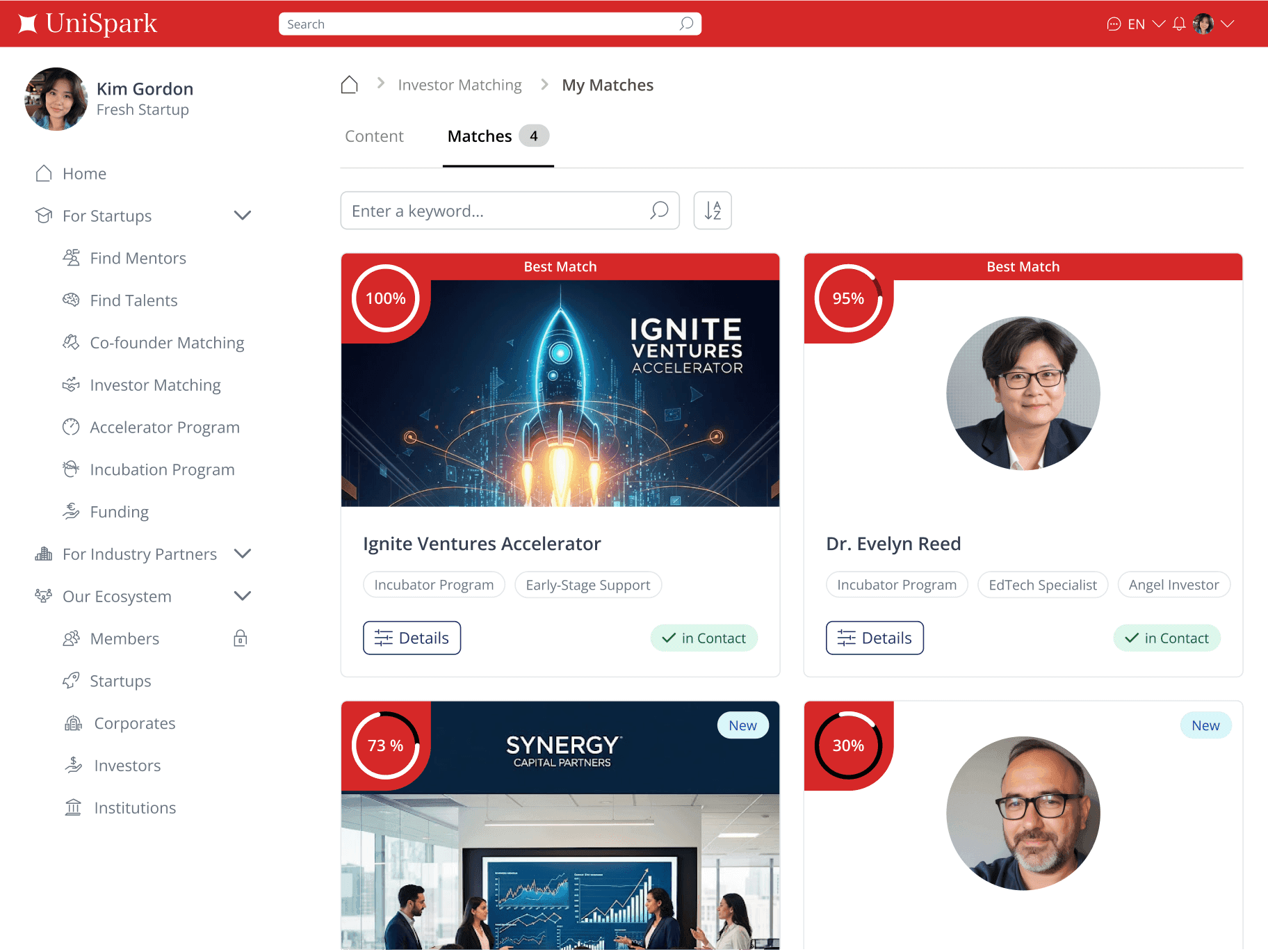 A matchmaking dashboard built with LoftOS displaying a user's matches and their compatibility percentage.