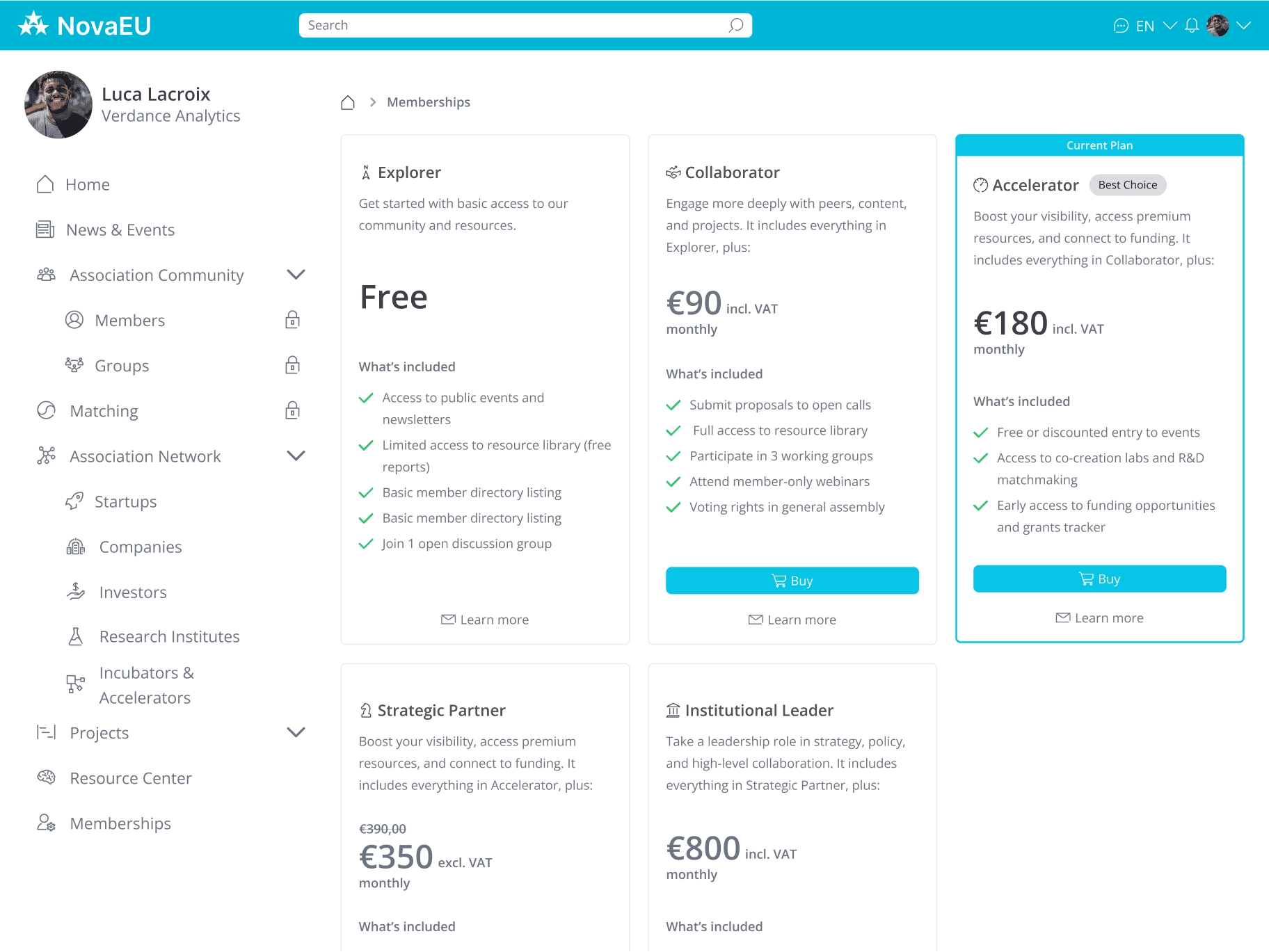 Membership dashboard built with LoftOS, listing different subscription tiers, their prices, and included benefits.