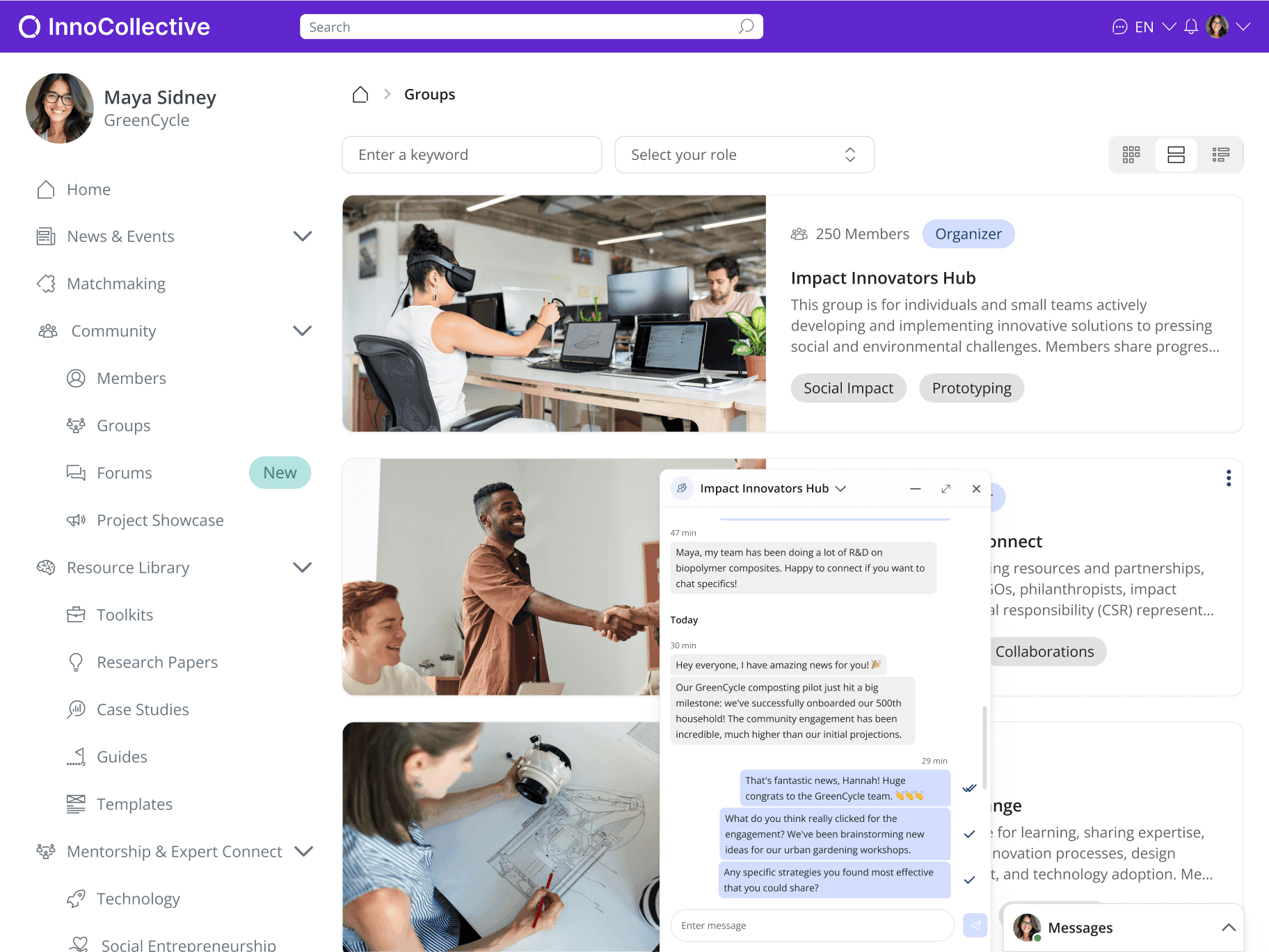 An online community dashboard built with LoftOS showing a list of groups and an open chat widget.